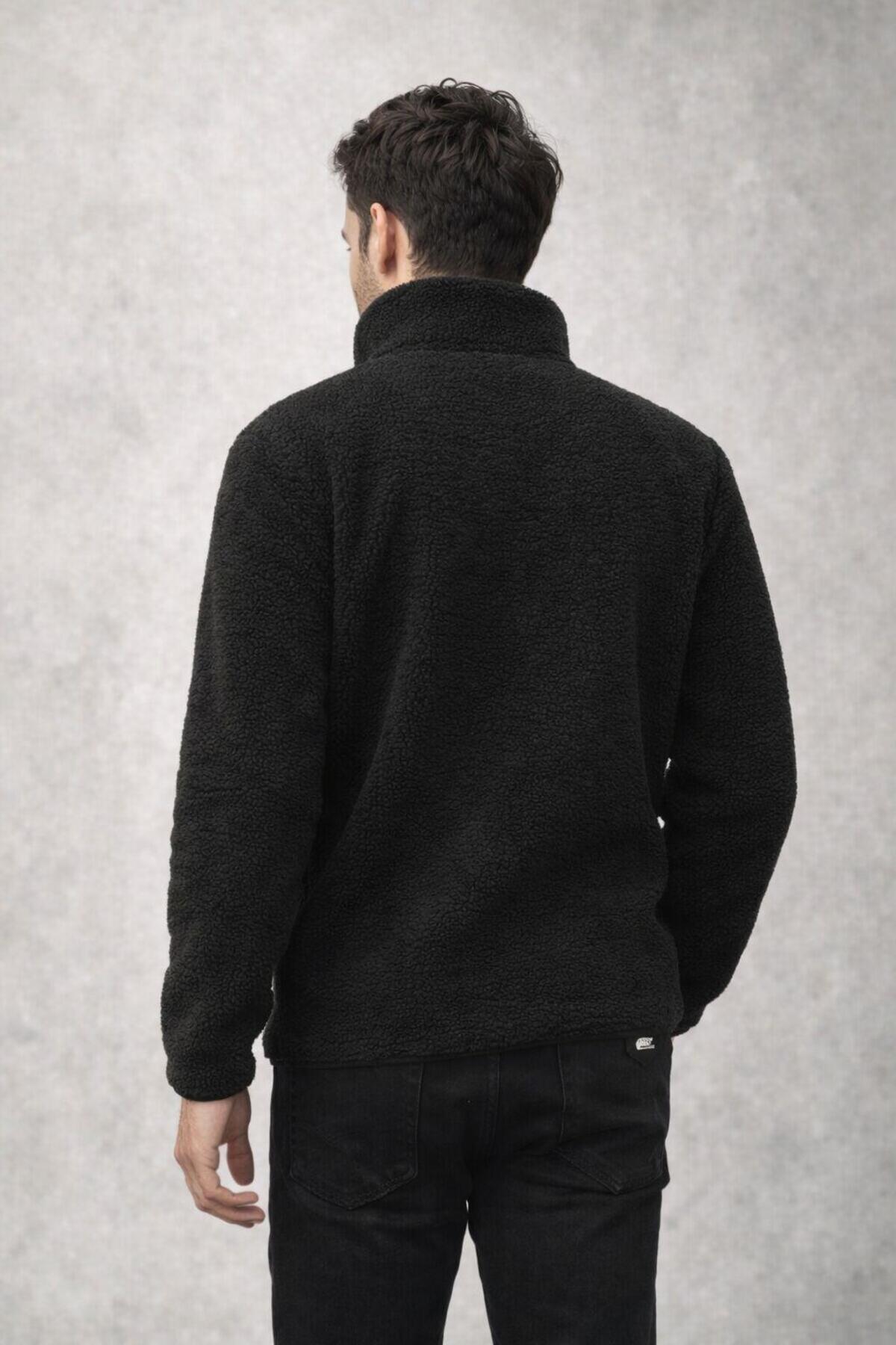 Polo State  Erkek Fermuarlı Dik Yaka Parçalı Polar Ceket Siyah - Görsel 5