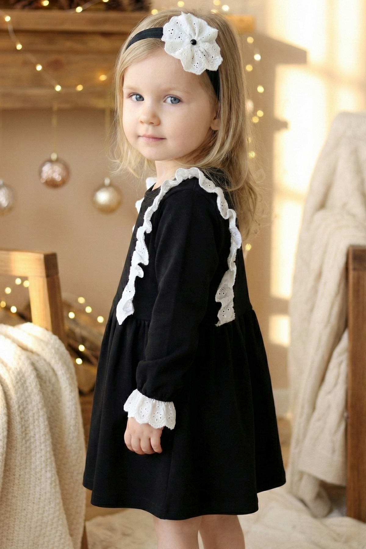 Parla Kids Kız Çocuk Elena Siyah Uzun Kollu Bisiklet Yaka Fisto Dantel Detaylı Elbise Saç Bandı Takım fotoğrafı 3 (önizleme)
