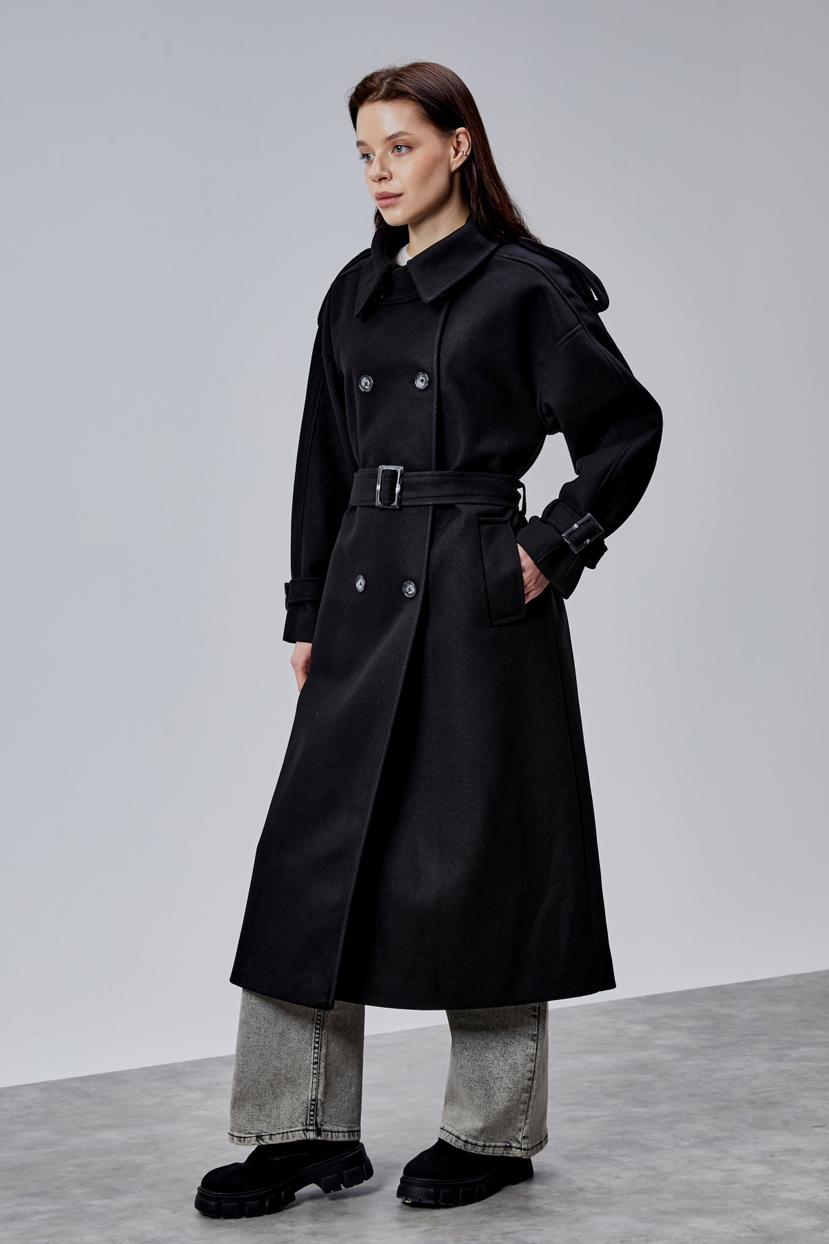 Bolivente  Kuşaklı Oversize Kaşe Kaban