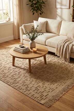 Cool Halı Rustika Bej Jüt Kilim Halı Hasır Görünüm Bohem Dekoratif Kabartmalı...