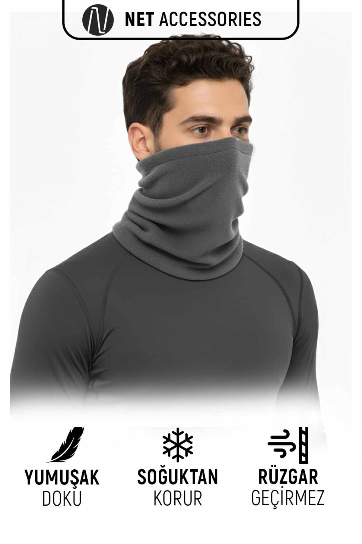 Net Tekstil Gri Renk Termal Polar Soğuk Geçirmez Boyunluk Unisex Pamuklu Kışlık Ayarlanabilir İpli görsel 2