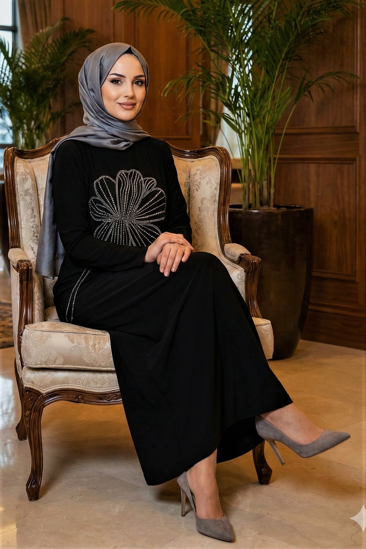 modamira  Kadın Sandy Siyah Boydan Özel Tasarım Davet Nişan Taş Detaylı Abiye Tesettür Nursema Elbise - Görsel 7