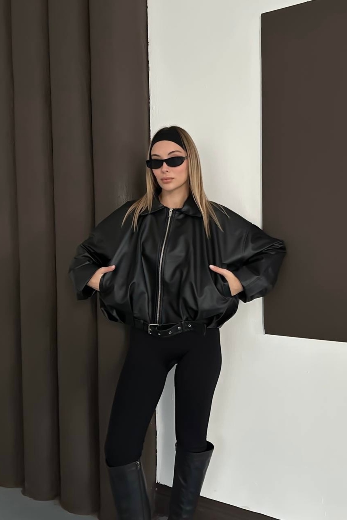 Helen Goods İçi Kürklü Oversize Kadın Deri Ceket Mont görsel 5