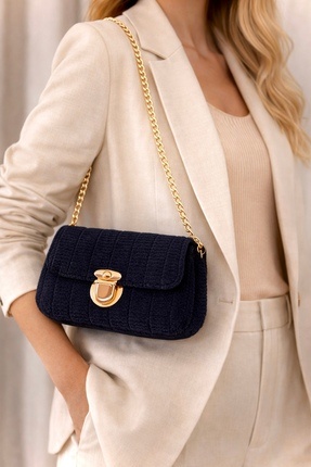 Helybag El yapımı Kadın Kadife Omuz Çantası Siyah - Kadife İp Handmade