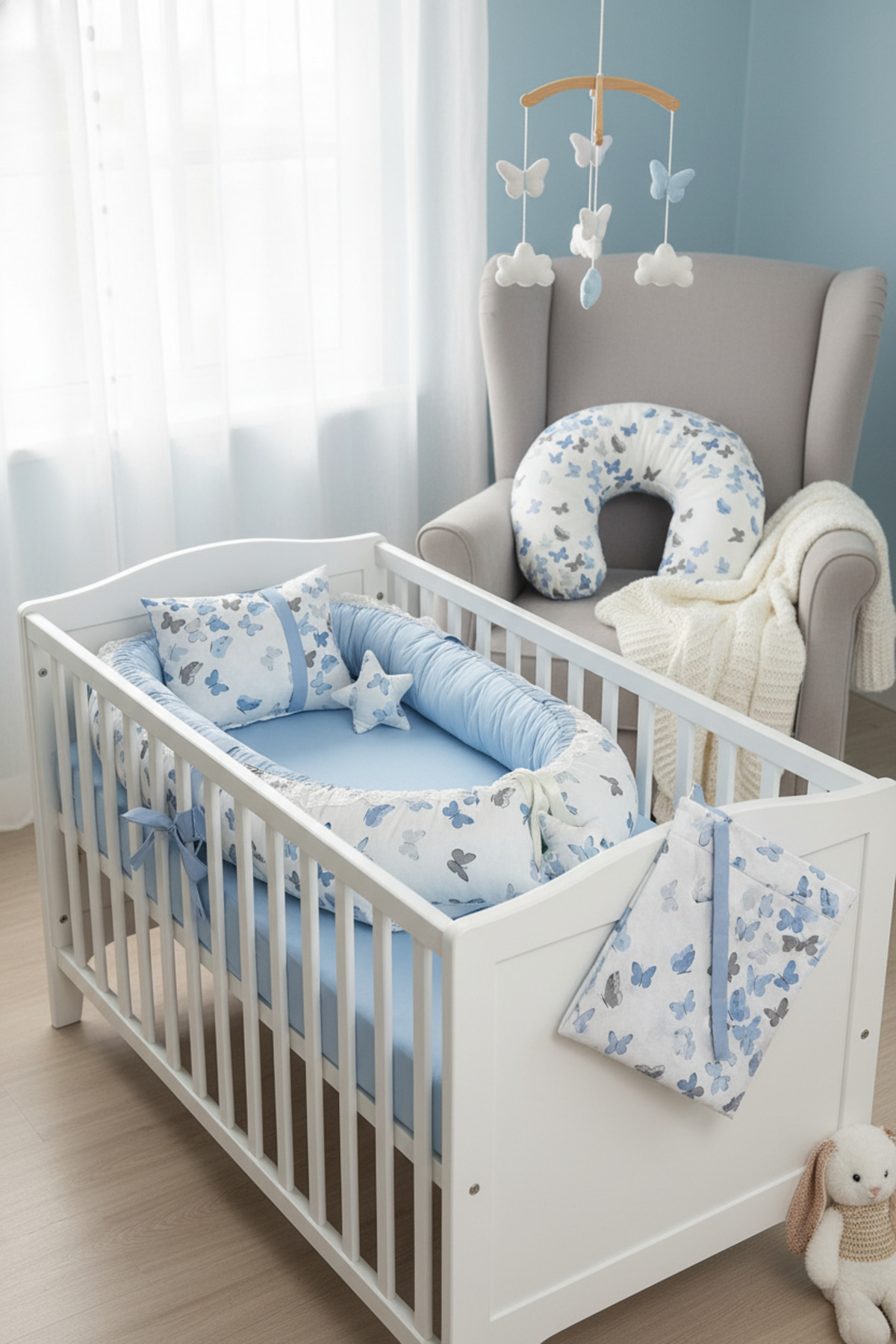 ebabynest Kelebek Serisi Mavi Babynest Emzirme Yastıklı Set fotoğrafı 2 (önizleme)