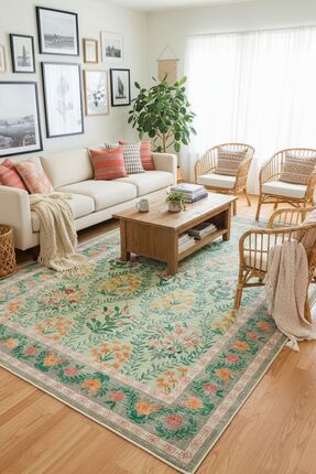 Cool Halı Daisy Su Yeşili Halı Makinede Yıkanabilir Çiçekli Dokuma Şönil Halı...