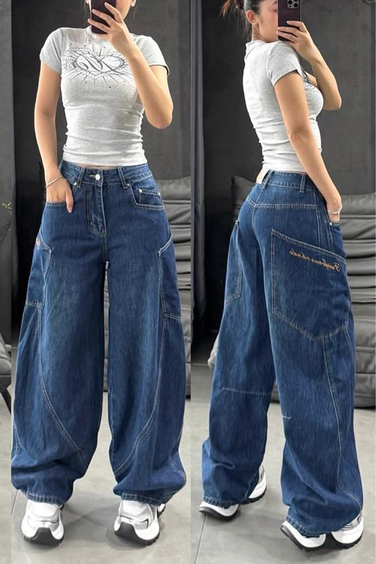 KOTOLOG Y2k oldalzseb, elülső oldalsó varrás részlet, bő szárú, kék baggy farmer