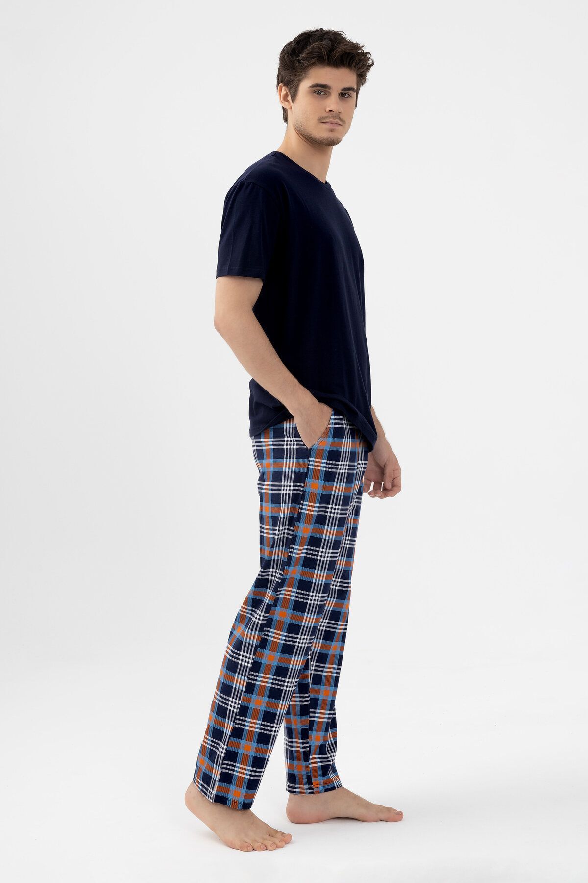 koza iç giyim  Erkek Kısa Kollu Ekose Desenli Pamuklu Pijama Takımı