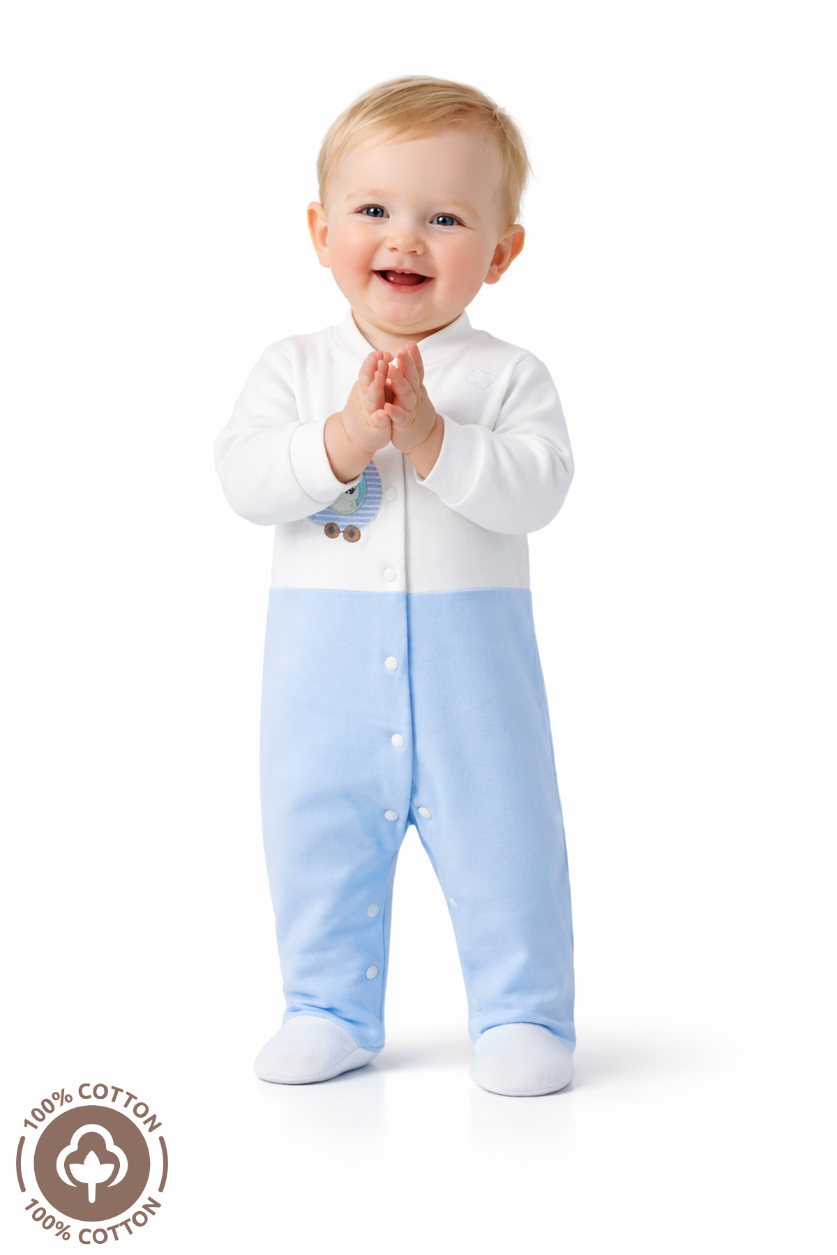 Miniel Erkek Bebek Ayıcık Nakışlı 3-6-9 Ay Penye Organik Pamuklu Patikli Bebek Tulum fotoğrafı 2 (önizleme)