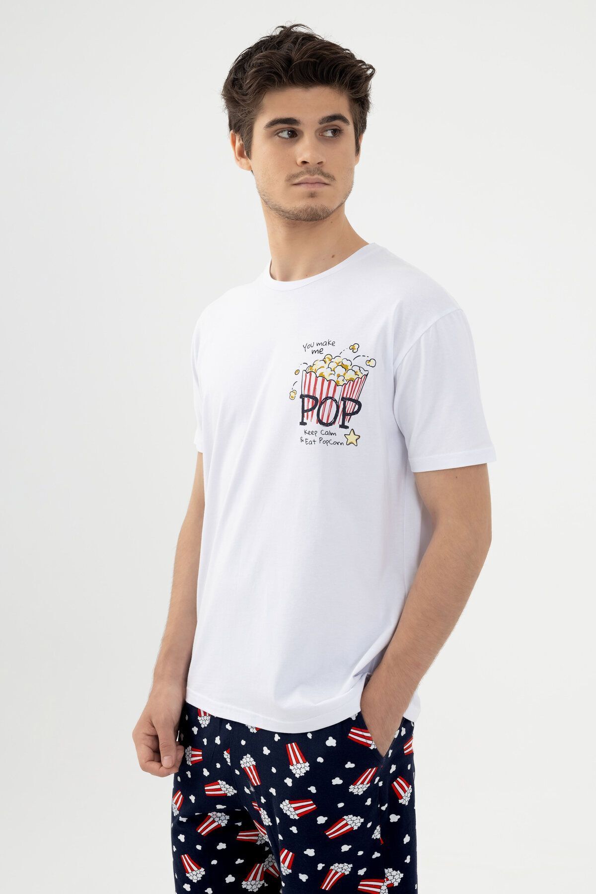koza iç giyim Men's Short Sleeve Cotton Popcorn Pattern Shorts Pajama Set