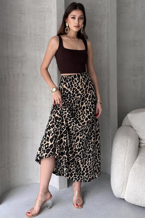 FEVİLLE kadın Leopar Desenli Uzun Bürümcük Kloş Etek