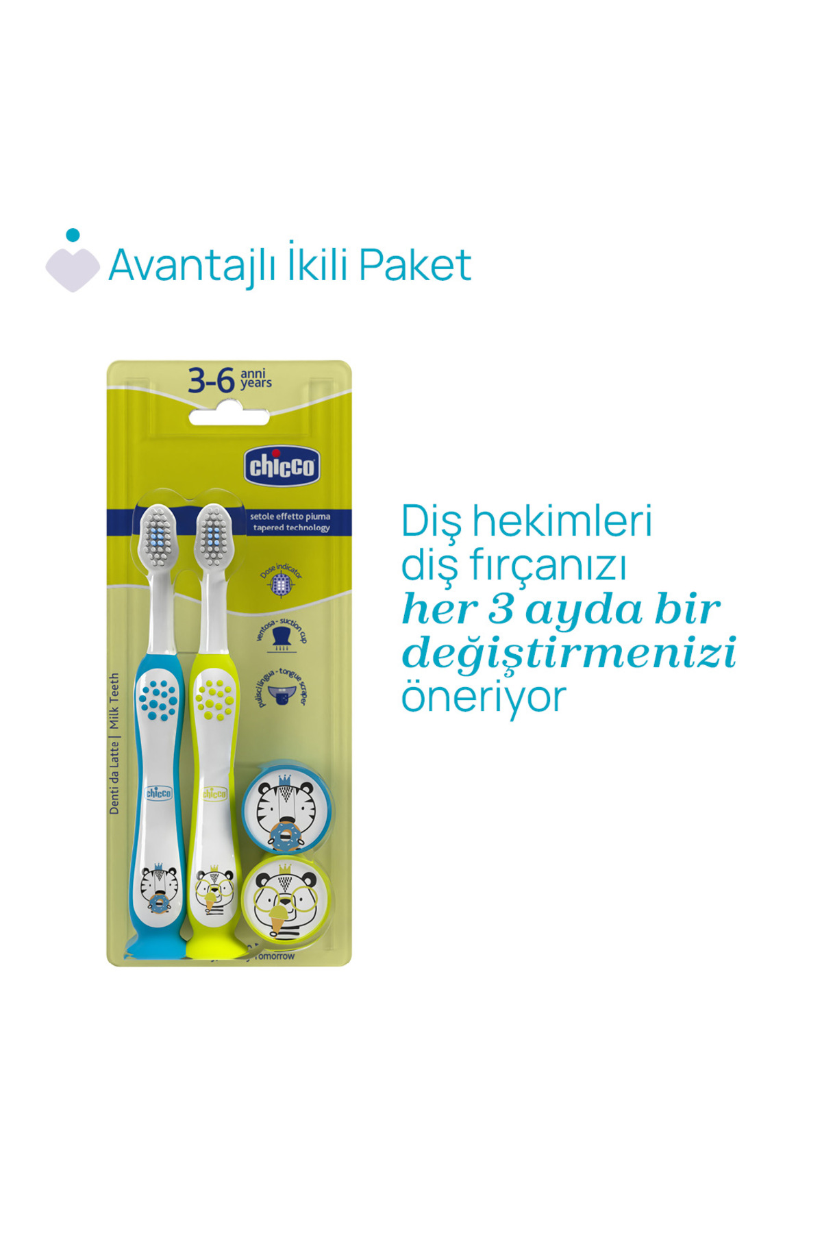 Chicco 2'Lİ DİŞ FIRÇASI 3-6 YAŞ TIGER-PANDA fotoğrafı 7 (önizleme)
