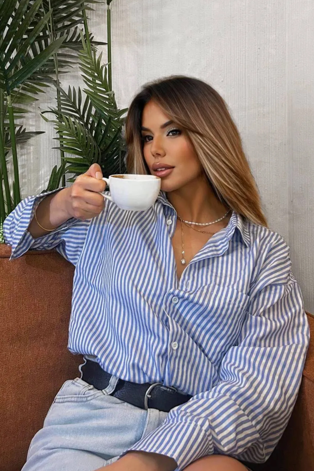 King Brothers Loose Fit Μπλε ριγέ Boyfriend Oversize πουκάμισο Νέας σεζόν Μακ...