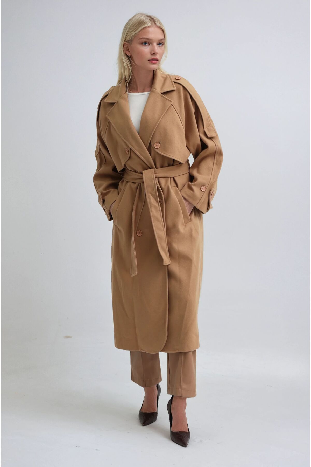 Lijuri  Kruvaze Yaka Kuşaklı Kaşe Kaban 7096 R8-F-K2 - Görsel 5