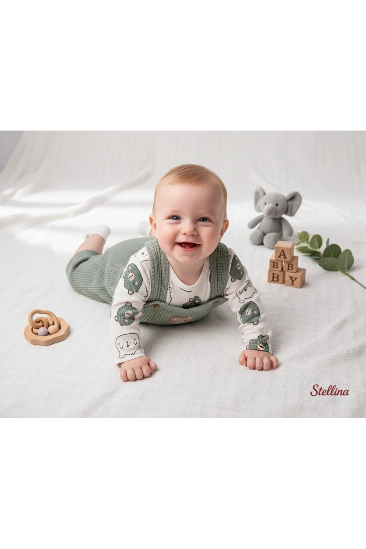 NAFİTO Bebek Erkek 3'lü Tulum Takımı Salopet Ve Çorap Seti Ayıcık Desenli Badi Ayı Nakışlı Pamuklu Unısex