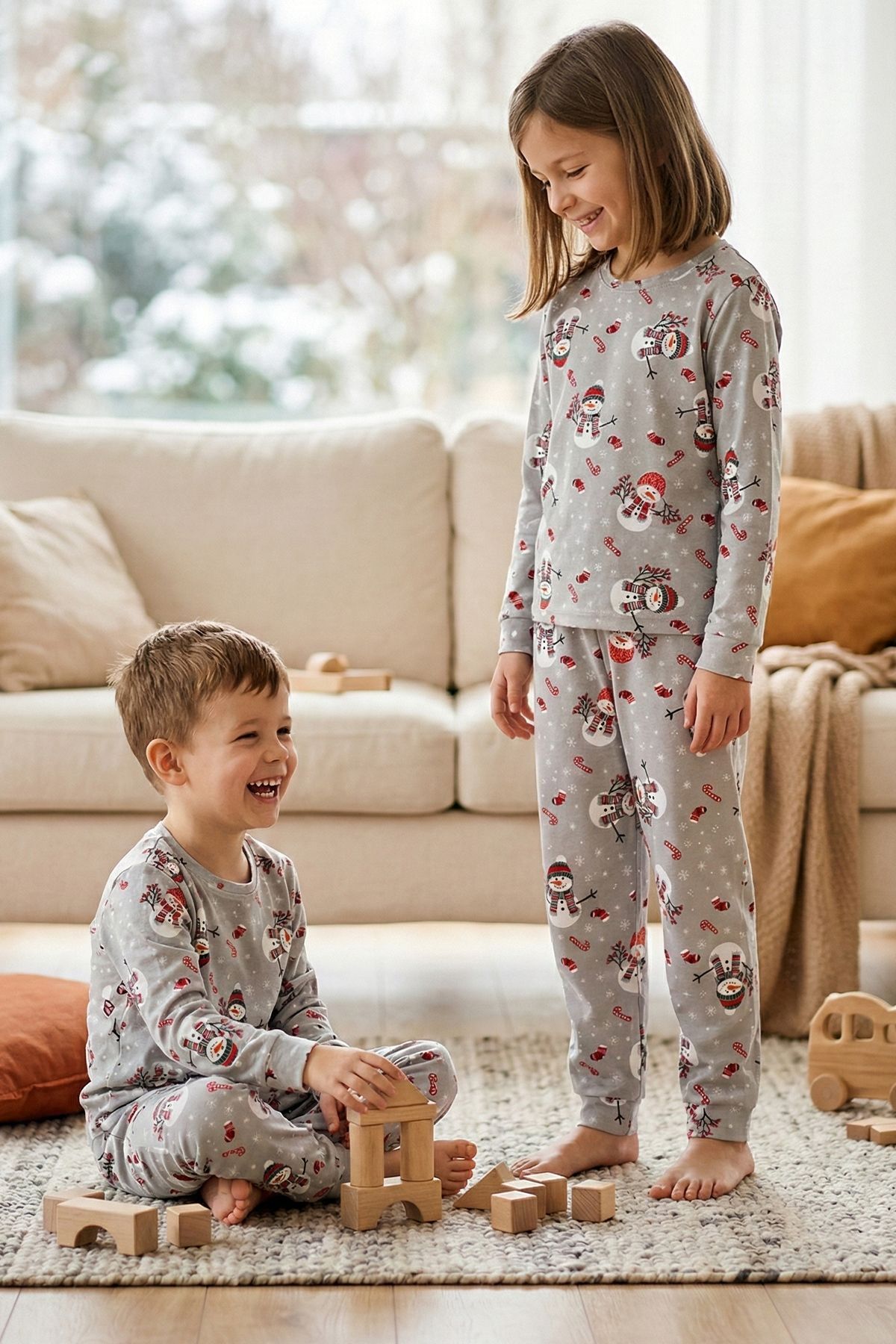 zuzunga Unisex Yılbaşı Temalı Cute Kardan Adam Desenli Çocuk Pijama Takımı fotoğrafı 6 (önizleme)