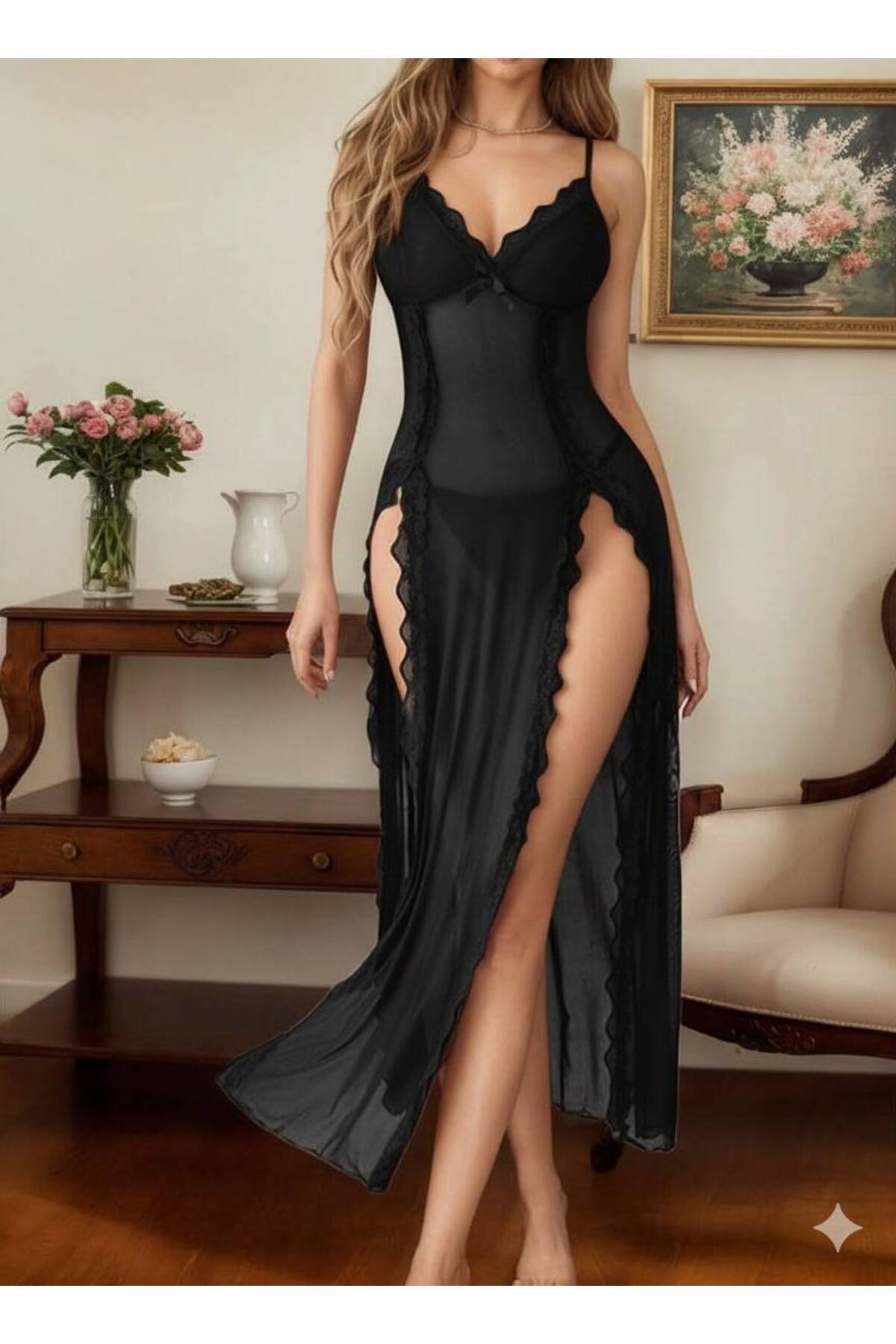 BLACK  Kadın Gecelik Dantel Detaylı Uzun Askılı Gecelik – Zarif Çift Yırtmaçlı - Görsel 2