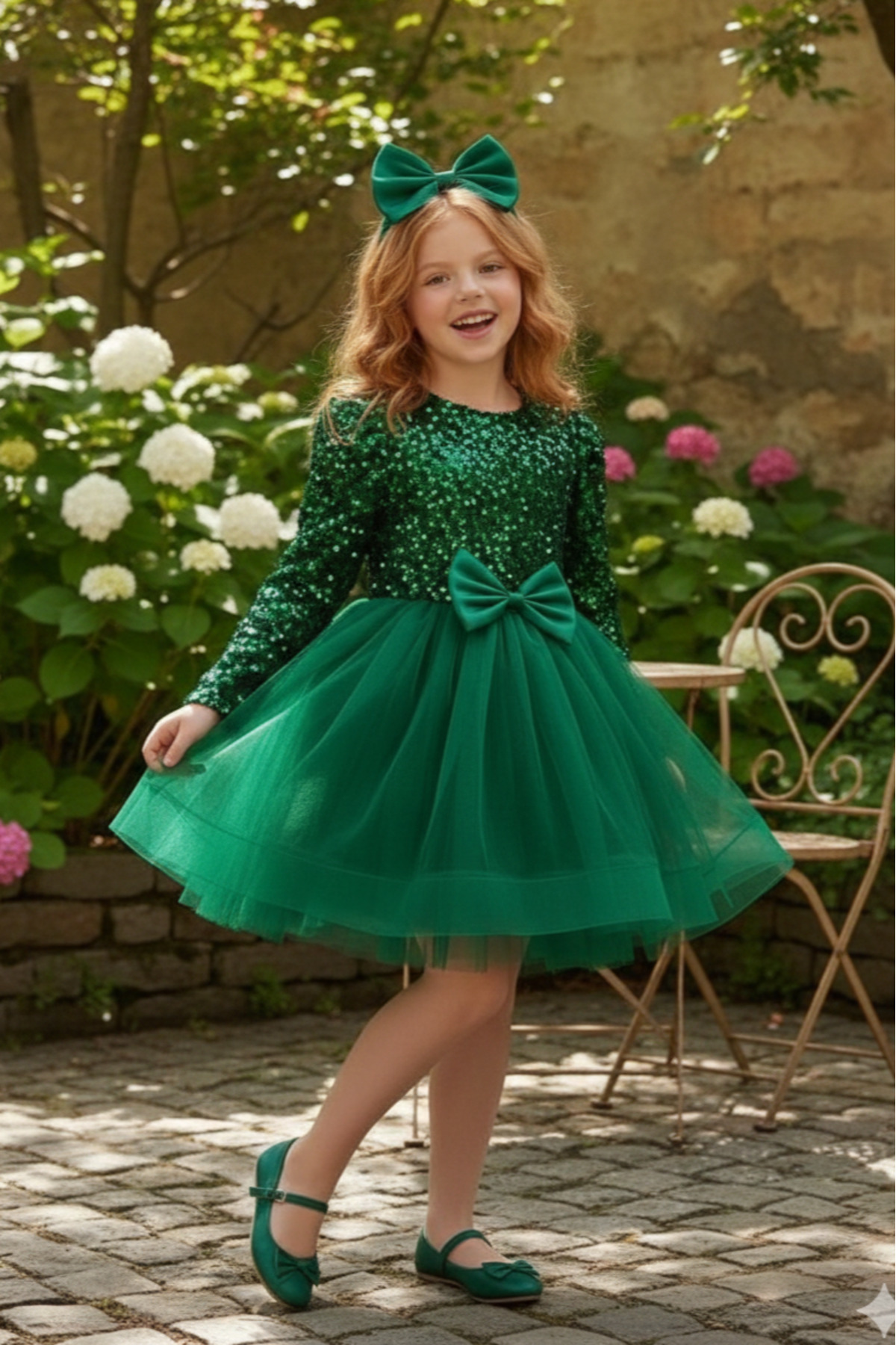 Kadife Payetli Uzun Kollu Kabarık Yeşil Çocuk Abiye 2/12 yaş arası abiye ABY245