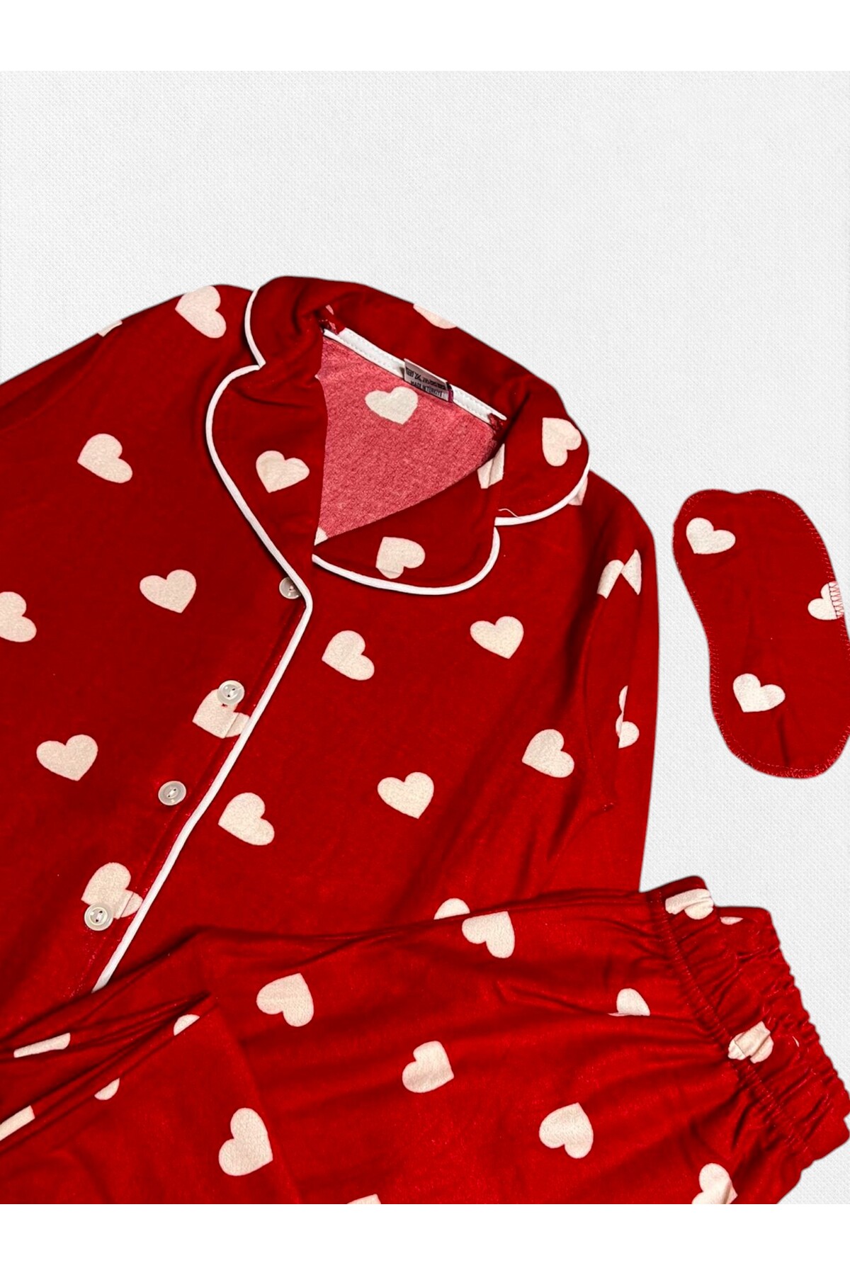 Fil Kids Kız Çocuk Pamuklu Süet Kumaş Kırmızı Kalp Desenli Gömlek Yaka Düğmeli Uzun Kollu Pijama Takımı fotoğrafı 2 (önizleme)