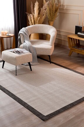 Koza Halı Fresco Ekru Siyah Iskandinav Yıkanabilir Bordürlü Halı Kilim Balkon...