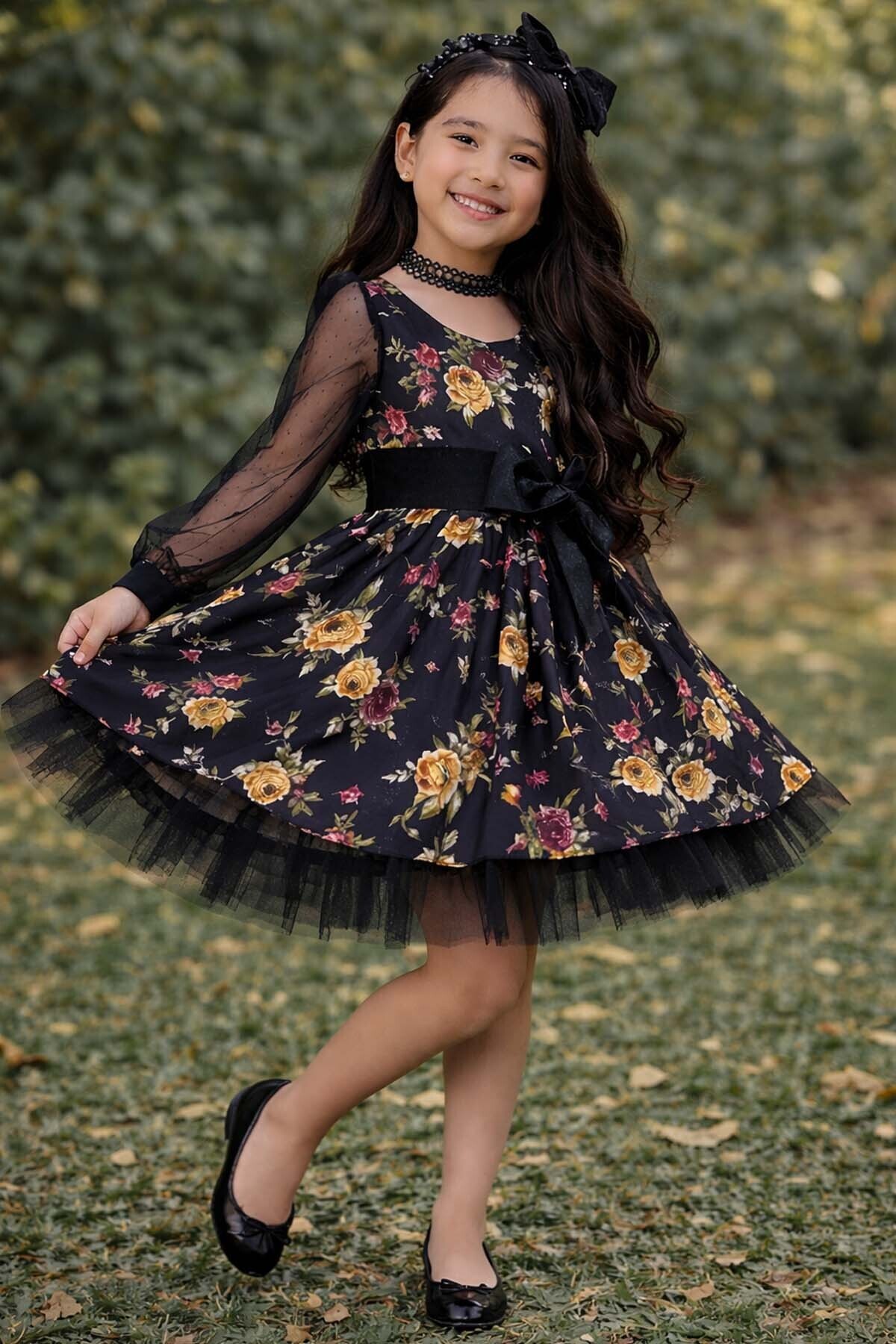 Riccotarz Kız Çocuk Black Flowers Tütülü Elbise fotoğrafı 5 (önizleme)