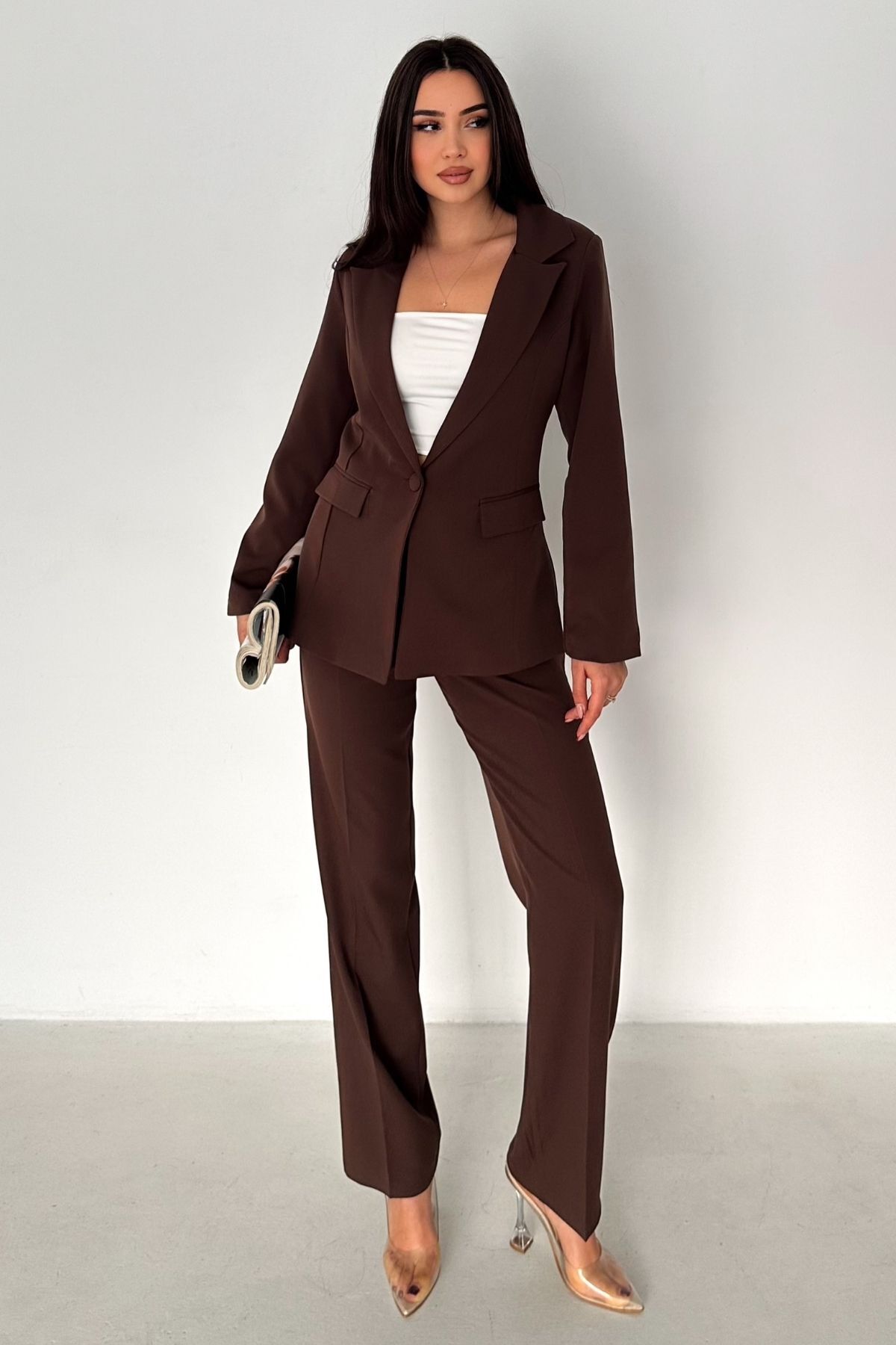diaves Brown Laser Cut Blazer Jacket Palazzo Pants Suit