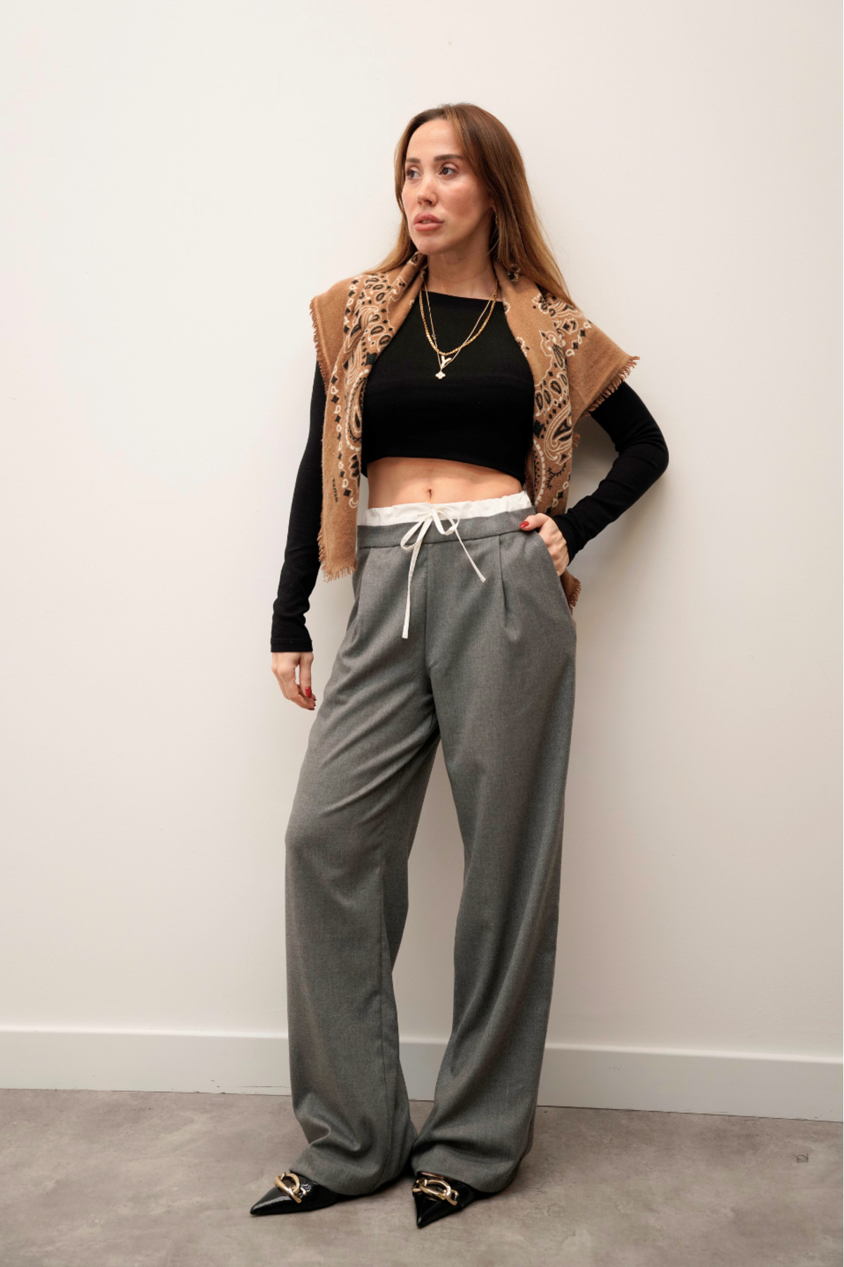 Women's Double Waistband Wide Leg Lace-Up Dark Gray Pants
