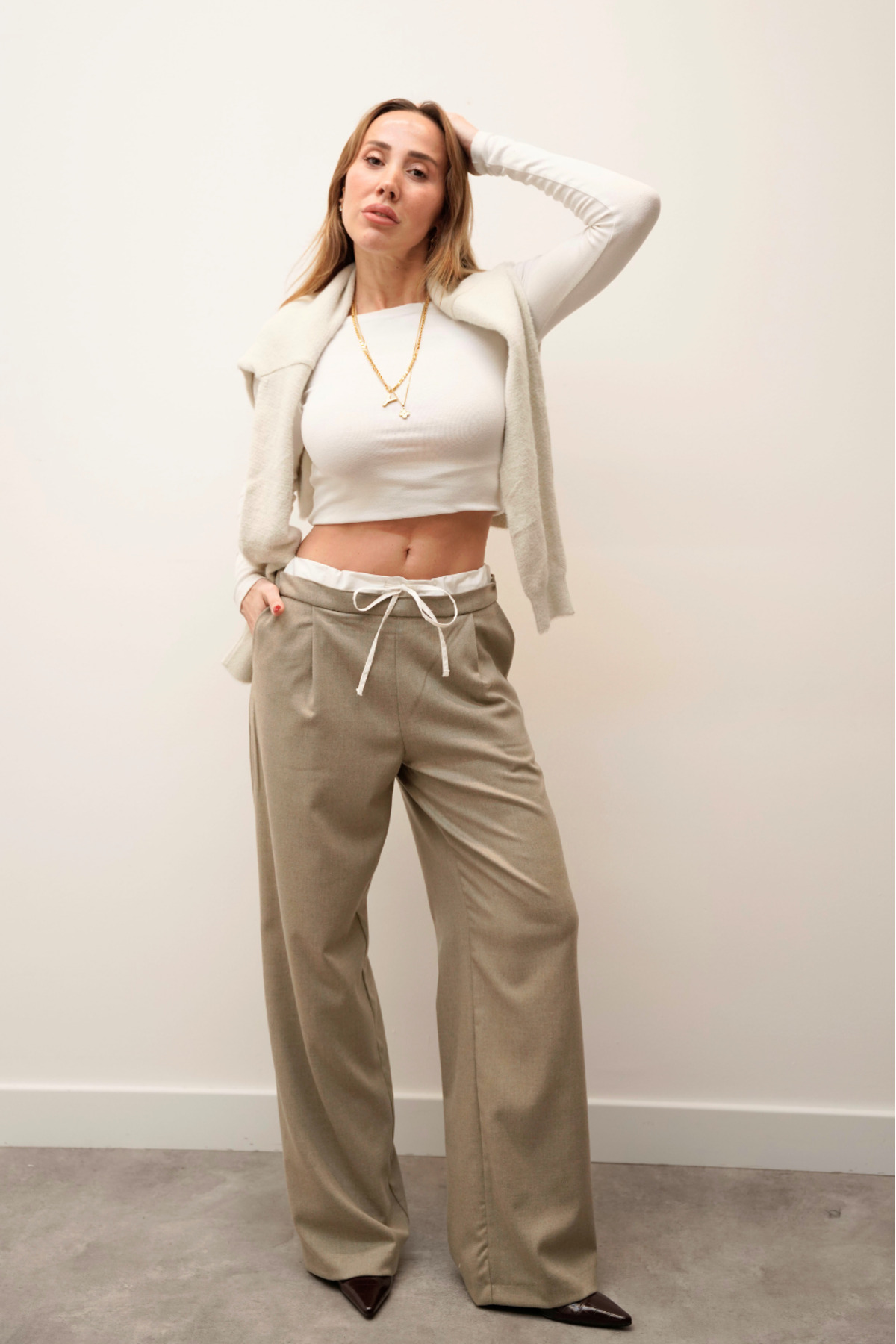 Women's Double Waistband Wide Leg Lace-Up Beige Pants