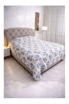 novastrend Mavi/Beyaz Çiçek Desenli Çift Kişilik Pamuklu Müslin Yatak Örtüsü/...