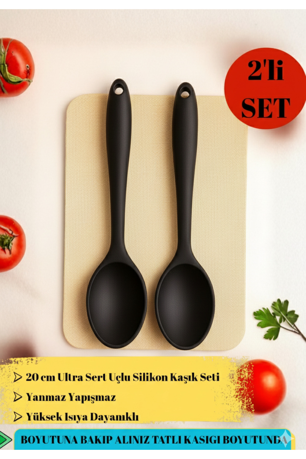 2-Piece Set Ultra-Hard-Tipped Silicone Spoon 20 cm | Fireproof Non-Stick Heat Resistant Dessert spoon