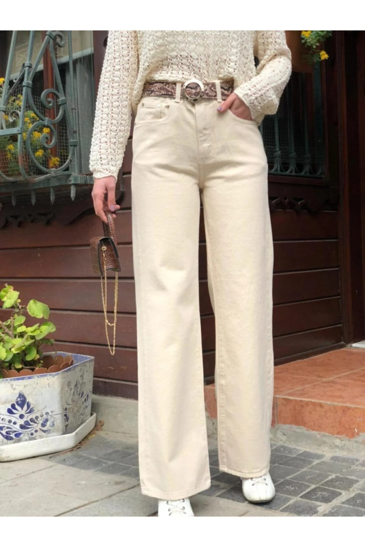 kleshus  Zofya Den Krem Yüksek Bel Palazzo Jeans,Likralı Bol Paça Wide Leg Kot PantolonDK-5