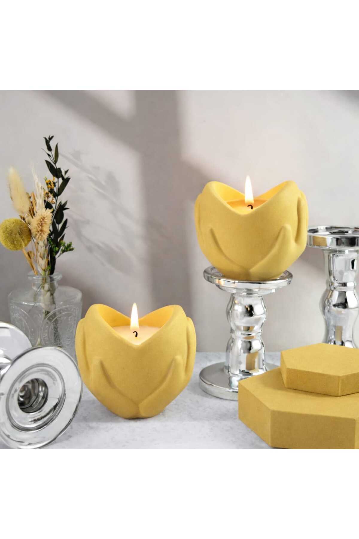 El Yapımı Beton Mumluk 2 Li Sarı