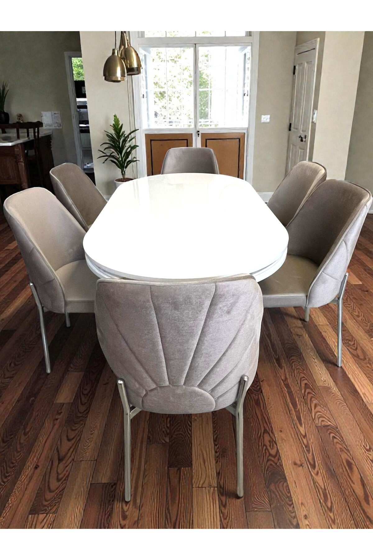 MSY HOME 6 Kişilik Nova White Krom Beyaz Masa Yönsüz Kumaş Modern