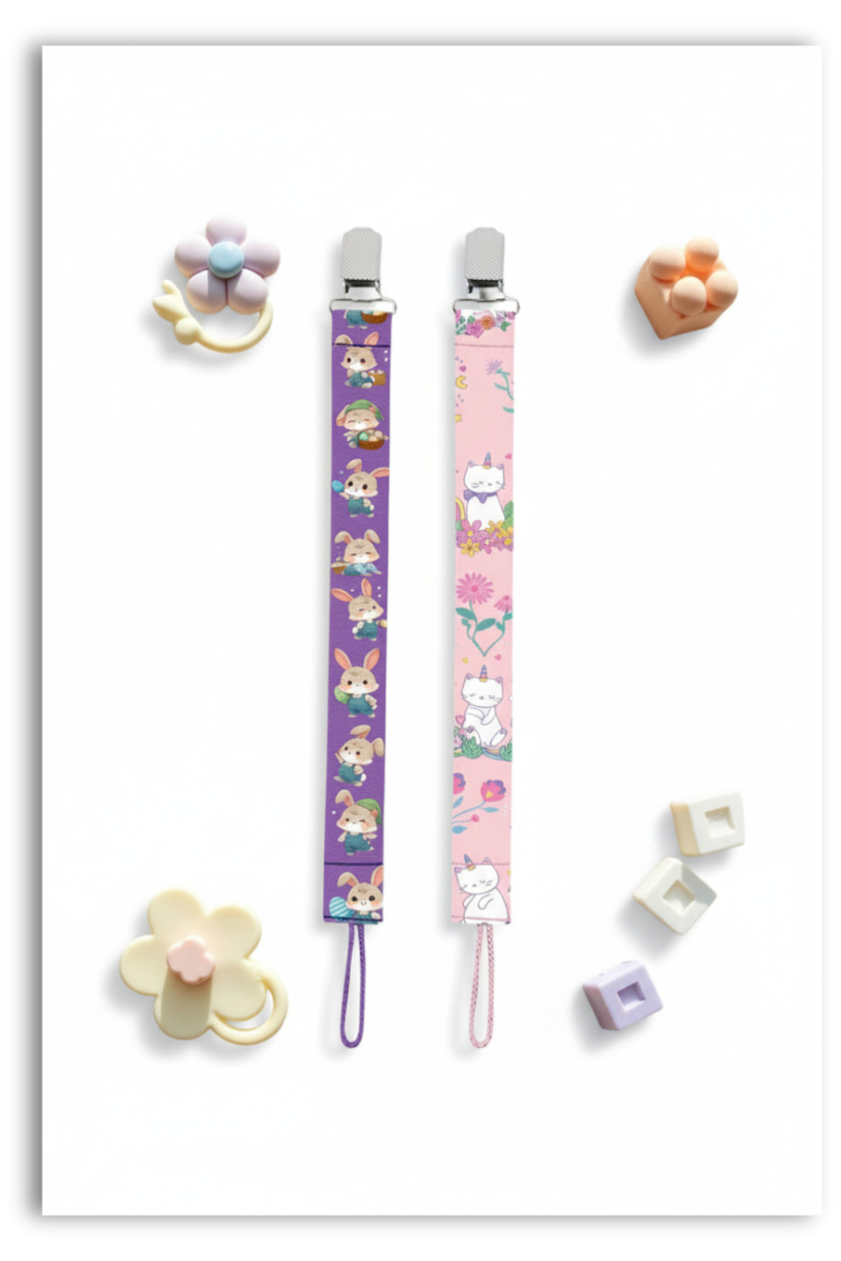 Mia Aurora 2li Set Bebek Emzik Askısı Emzik Zinciri Tavşan Unicorn Desenli Pembe Bebek Emzik Tutacağı fotoğrafı 2 (önizleme)
