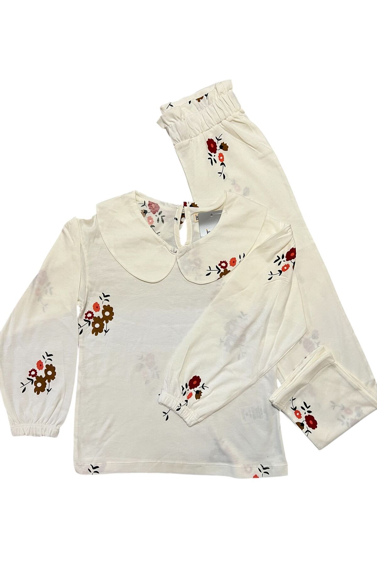 İsobel Kids BEYAZ ÖNLÜK YAKA ÇİÇEK DESENLİ %100 PAMUK SÜPREM KUMAŞ KIZ ÇOCUK PİJAMA TAKIMI fotoğrafı 3 (önizleme)