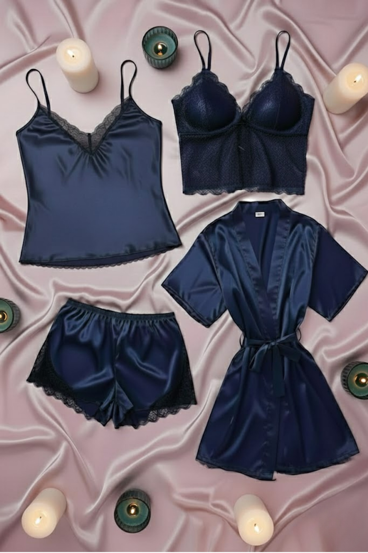 ZENCHES Kadın Saten 4’lü Çeyiz Seti Lacivert-Dantel Detaylı Şortlu Gecelik Takım, Sabahlık ve Büstiyer