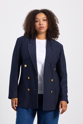 LUOKK TAILOREDD Kruvaze Yaka Çizgili ceket Lacivert-Beyaz