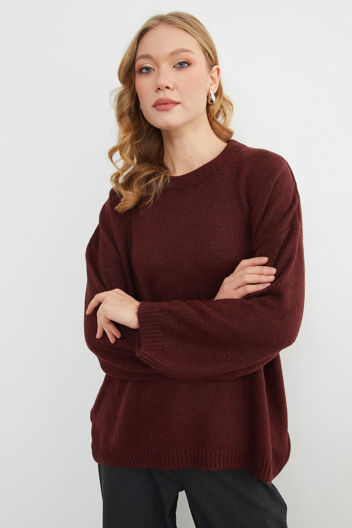Fulla Moda Basic Bisiklet Yaka Salaş Triko Kazak görsel 5