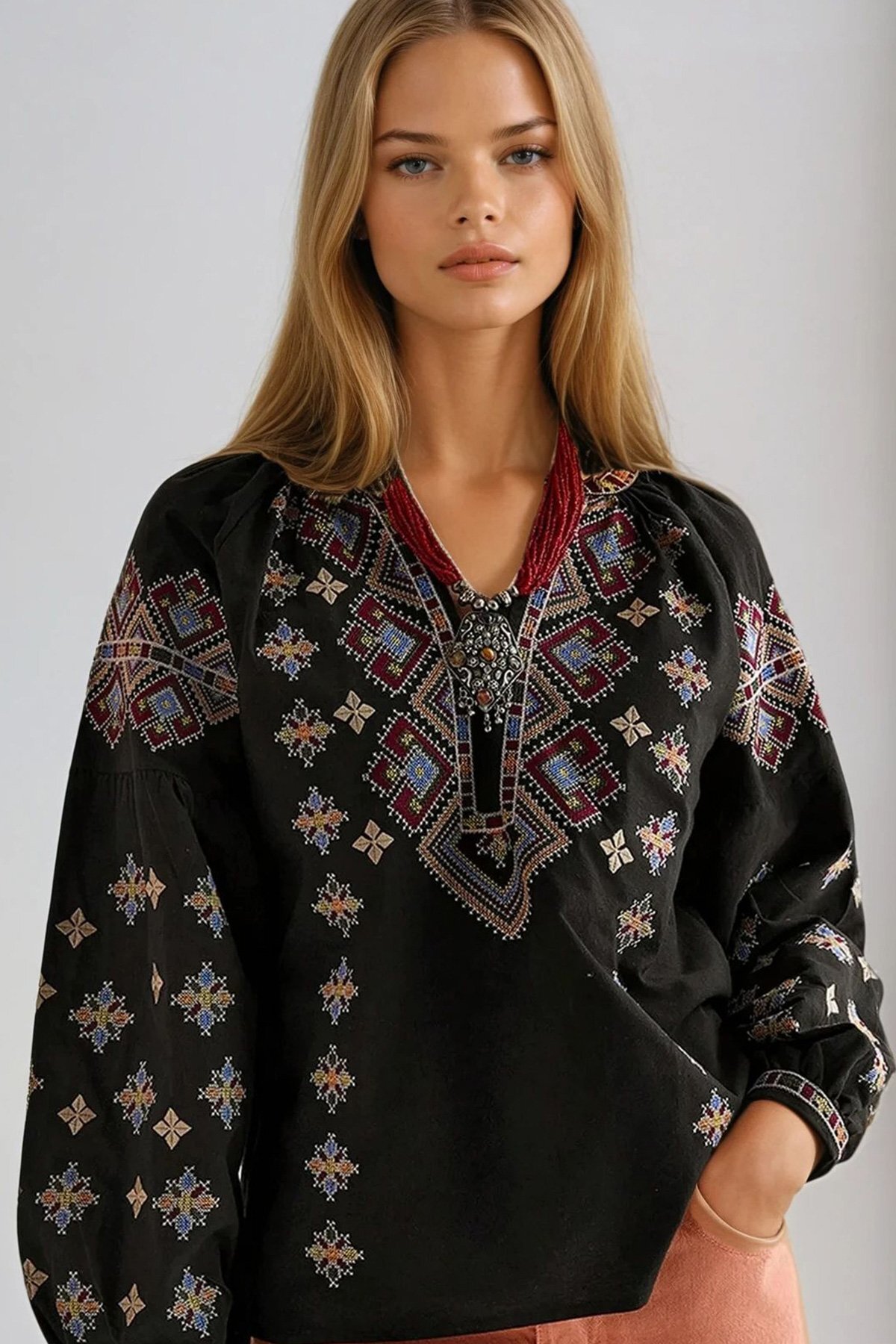 Trend Alaçatı Stili Black Ethnic Patterned Balloon Sleeve V-Neck