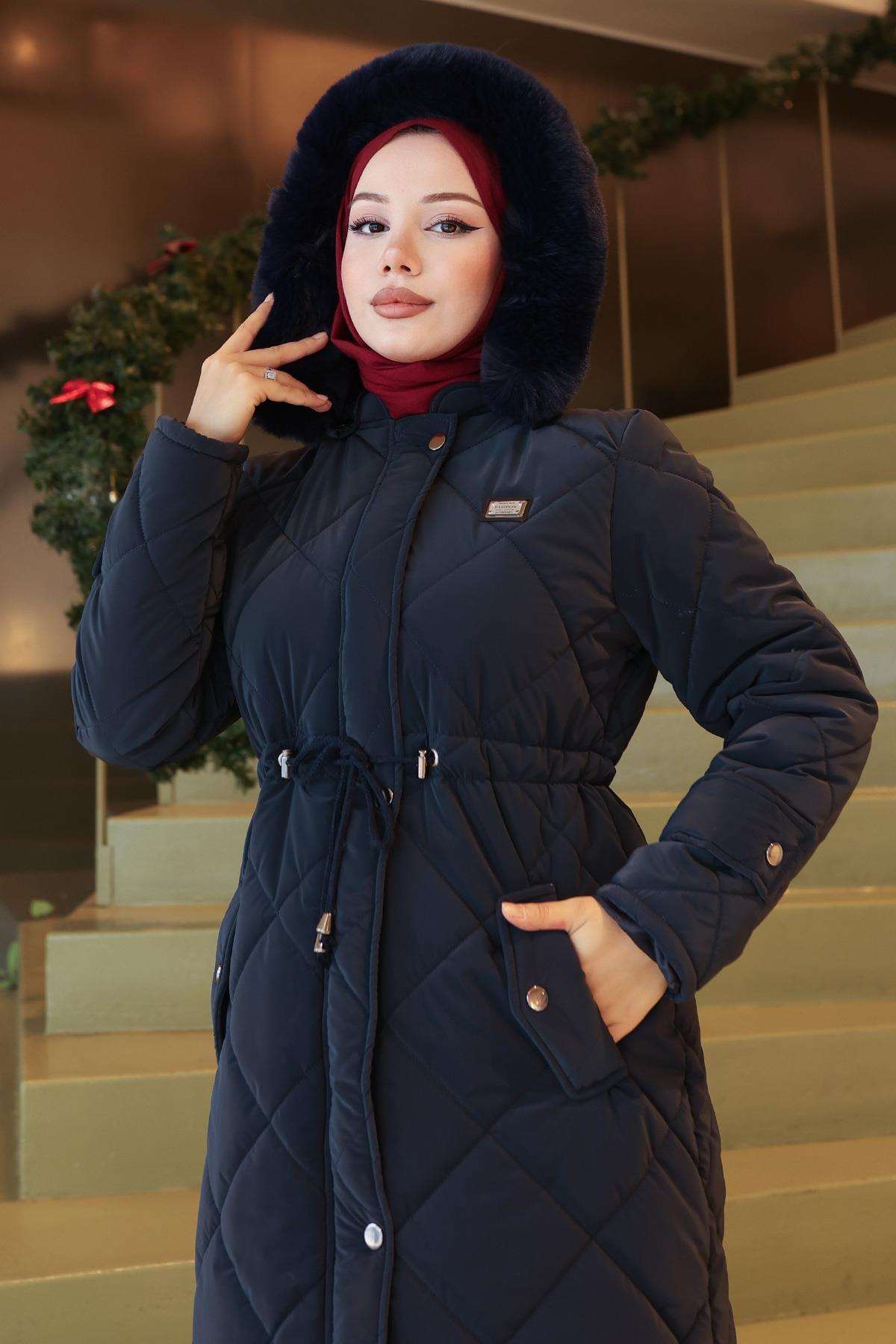 Missvalle  Fermuarlı Beli Bağcıklı Kapitone Mont Lacivert 19283 - Görsel 2