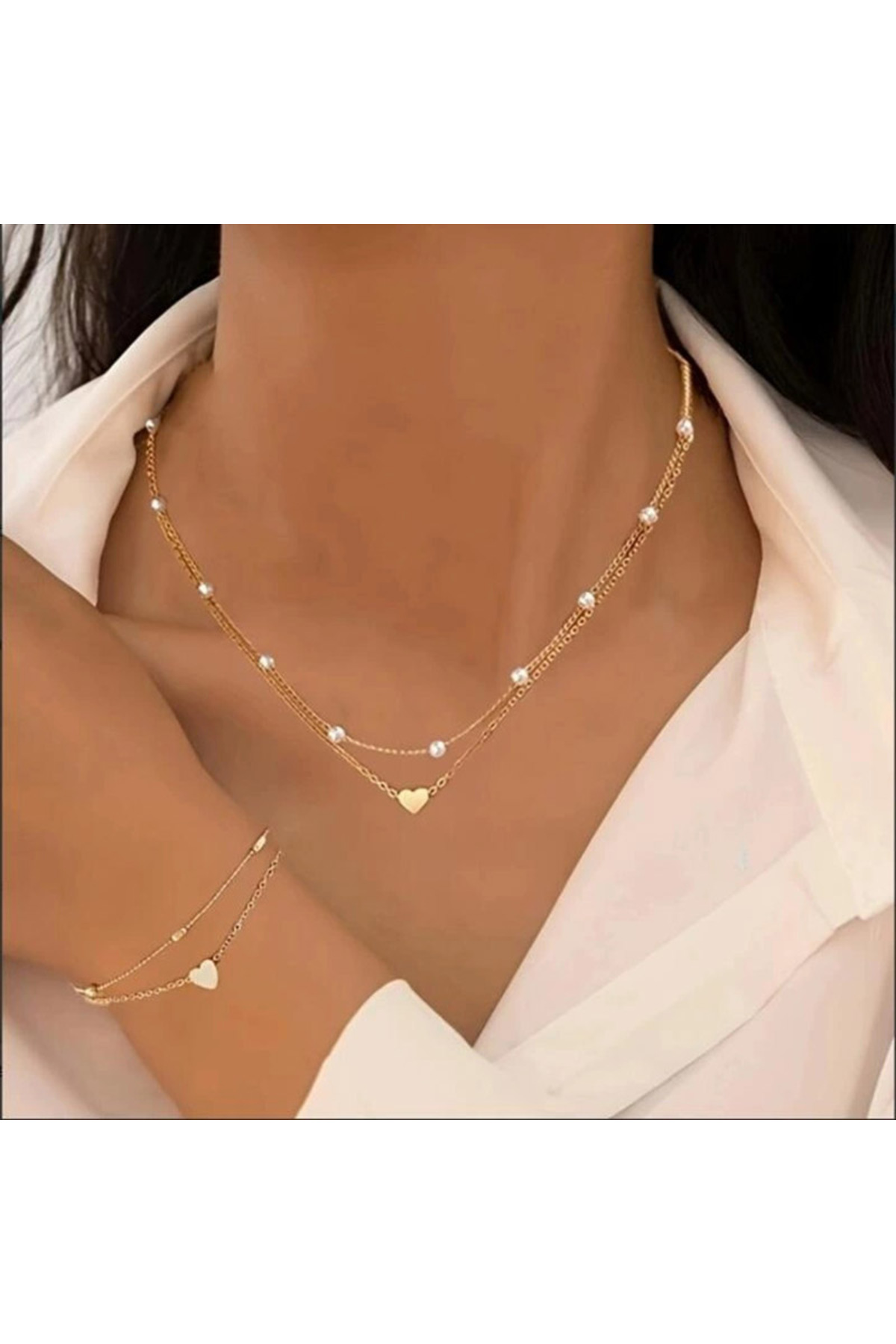 طقم مجوهرات ذهبي أنيق على شكل قلب من اللؤلؤ الصناع...