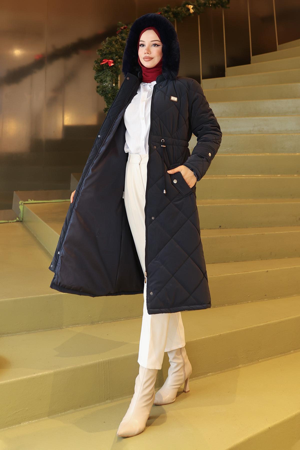 Missvalle  Fermuarlı Beli Bağcıklı Kapitone Mont Lacivert 19283 - Görsel 3