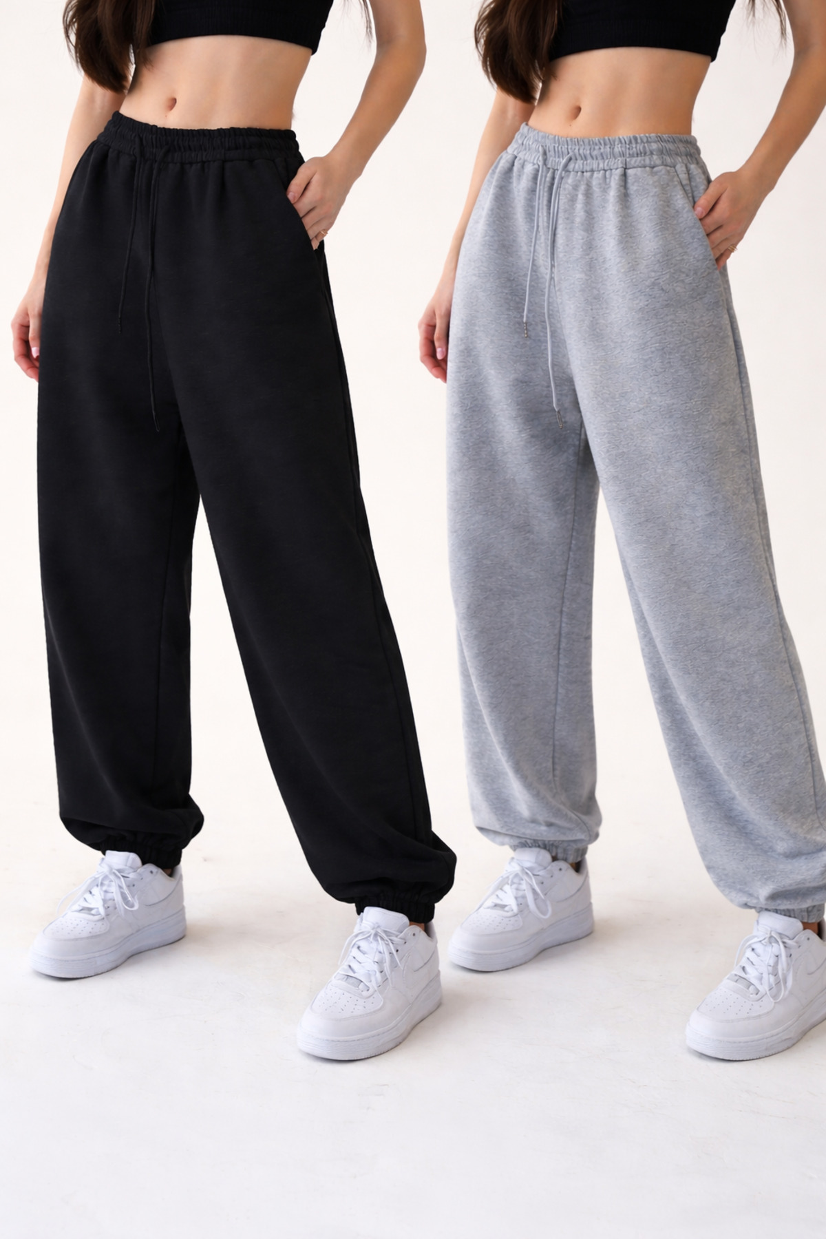 pandy  2'li Yüksek Bel Kışlık Şardonlu Unisex Tam Kalıp Paça Lastikli Eşofman Altı