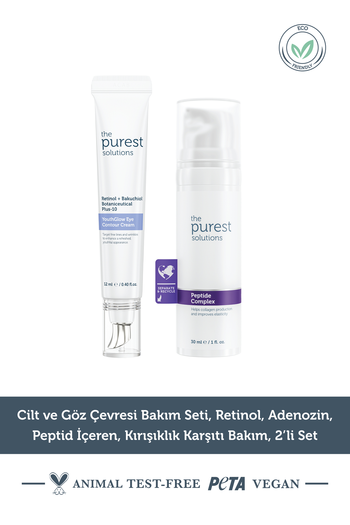 The Purest Solutions Cilt ve Göz Çevresi Bakım Seti, Retinol, Adenozin, Peptid İçeren, Kırışıklık Karşıtı Bakım, 2’li Set — TPS376