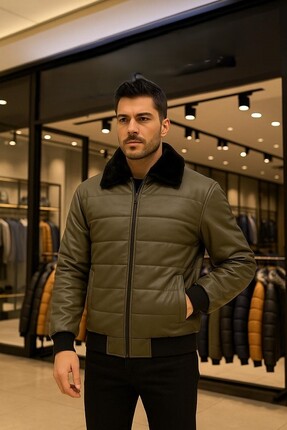 ZEGMAN Zagmen Kürk Yaka Erkek Şişme Suni Deri Mont