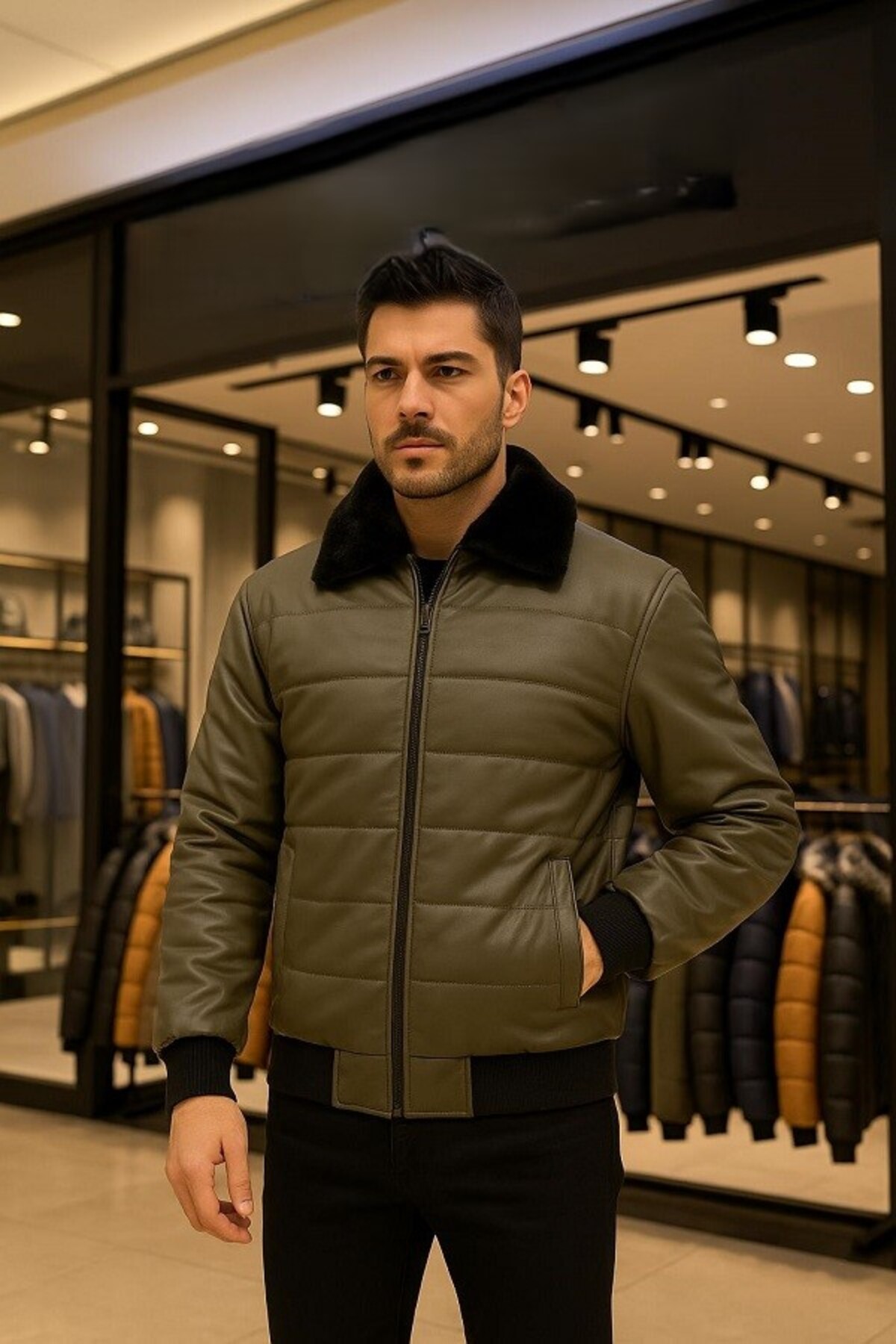 ZEGMAN  Zagmen Kürk Yaka Erkek Şişme Suni Deri Mont