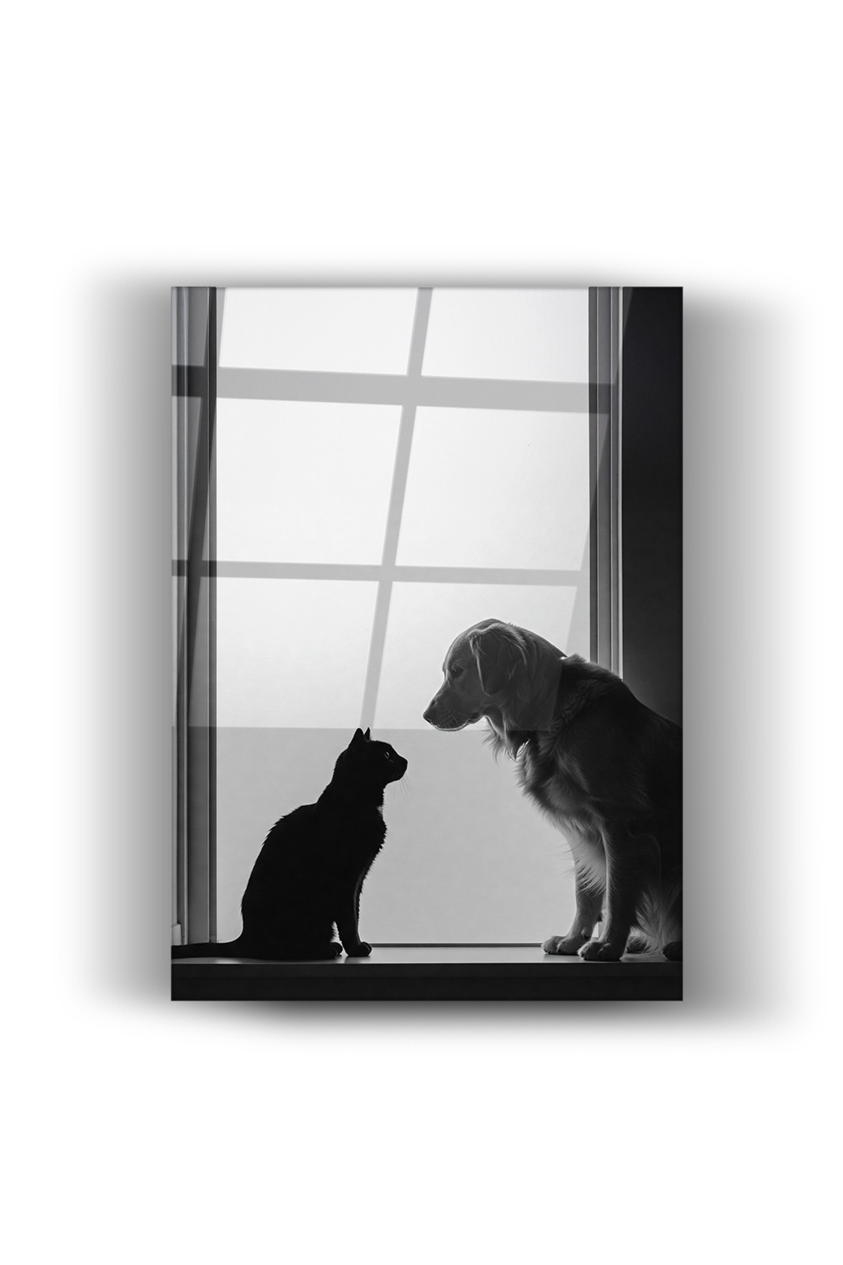 Minimal Siyah Beyaz Kedi ve Köpek Cam Tablo – Modern Ev & Ofis Duvar Dekoru