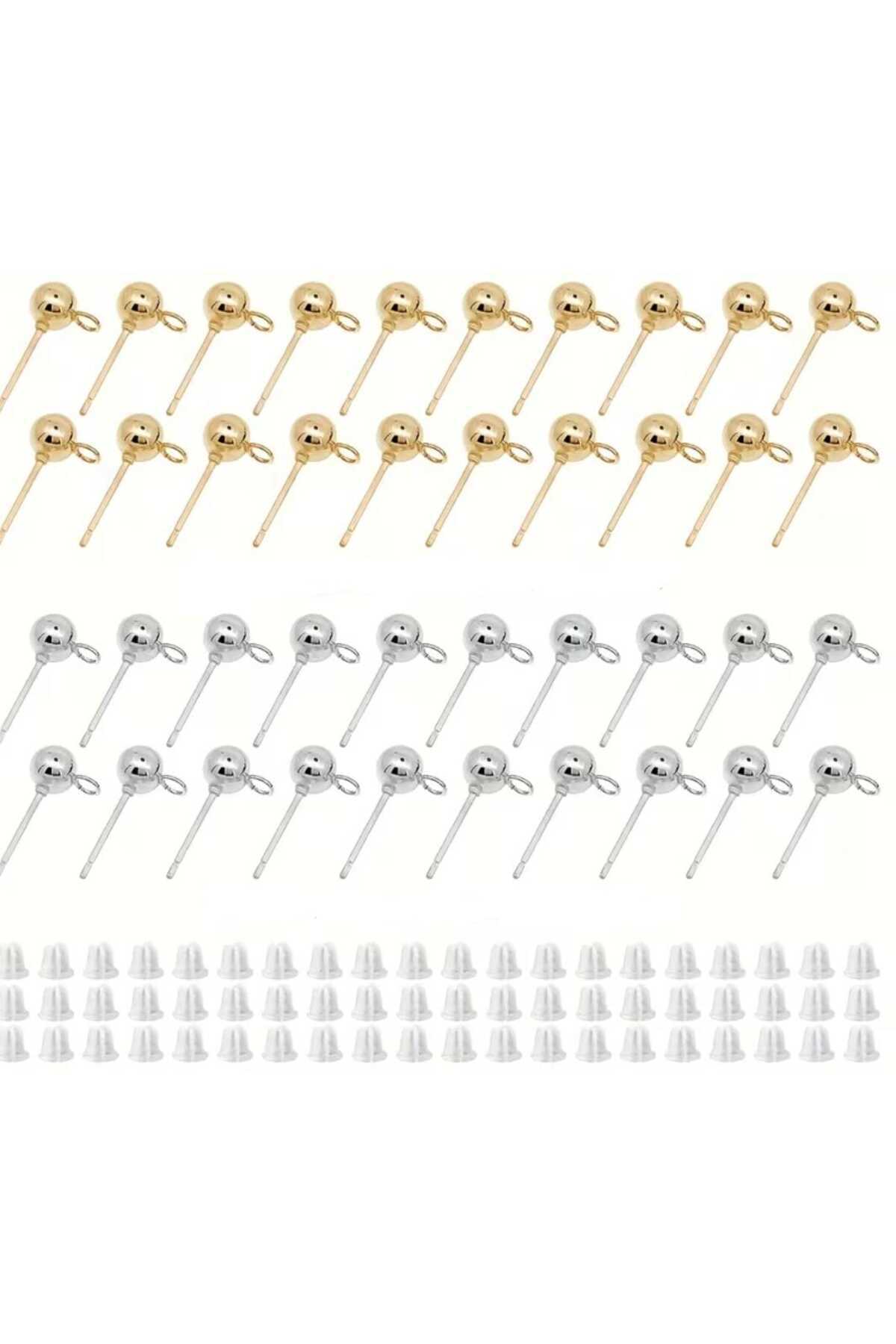 80 Pcs Gold & Silver Ball Head Earring Nails & transparent earring back bead Set