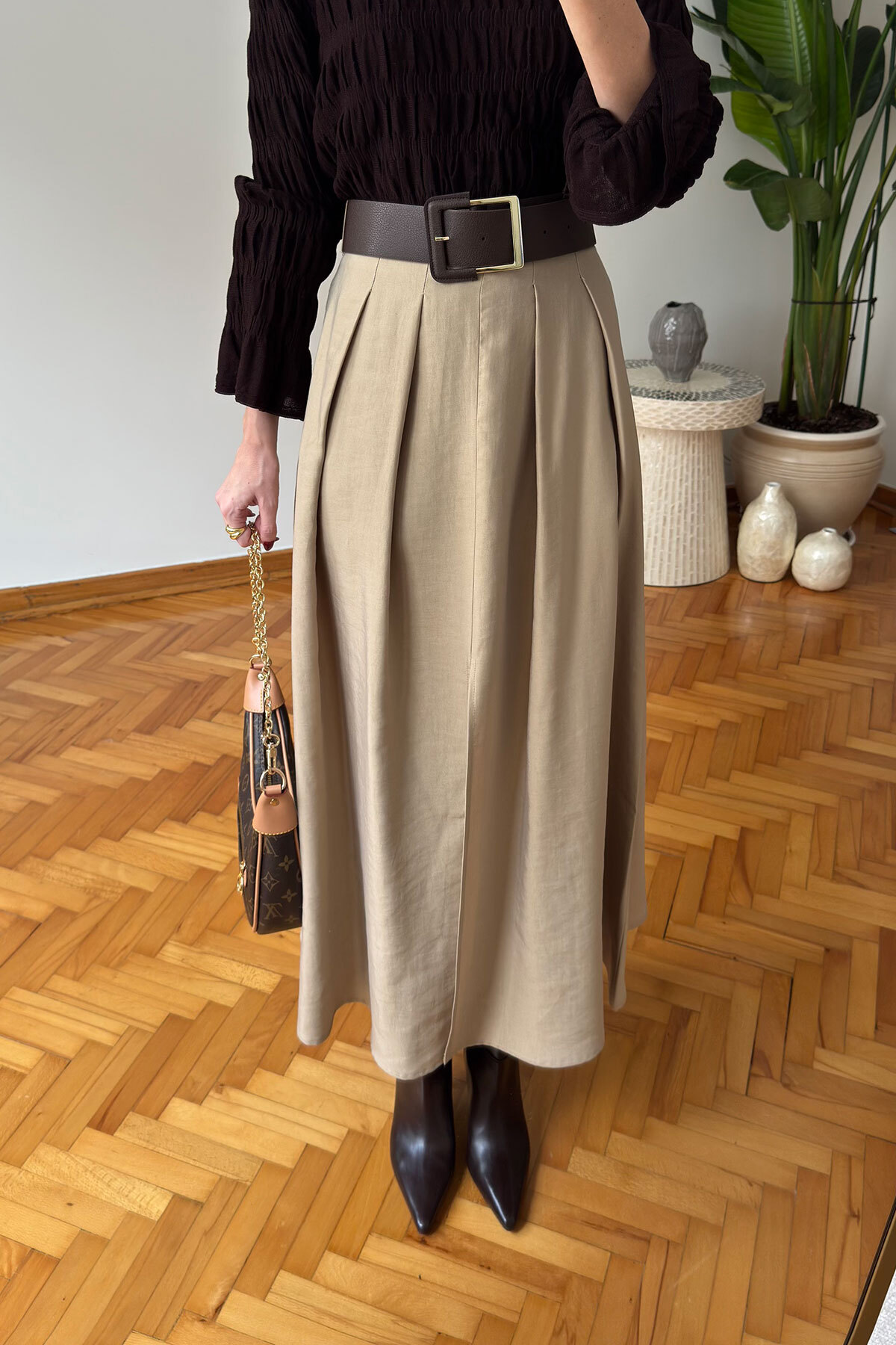 MAGARDE  Kemer Detaylı Önü Yırtmaçlı Midi Etek- HAKİ - Görsel 5