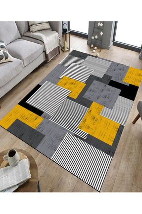 GNL HOME Gri Hardal Desenli Dijital Baskı,Kaymaz Taban, Yıkanabilir Salon, Mu...